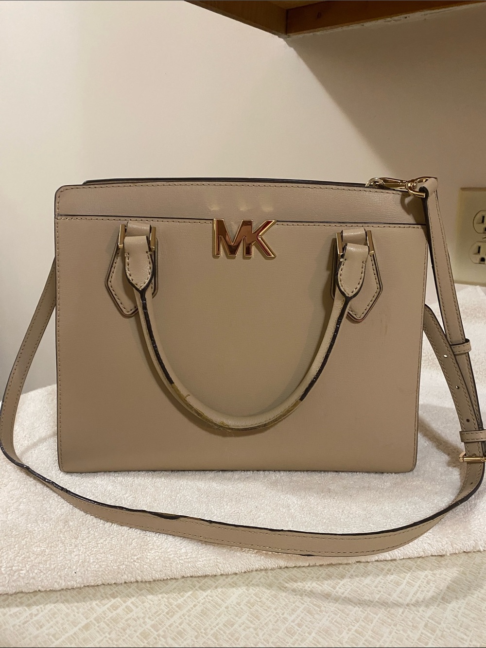 Michael Kors Neutral Beige Leather Satchel with Gold MK Logo